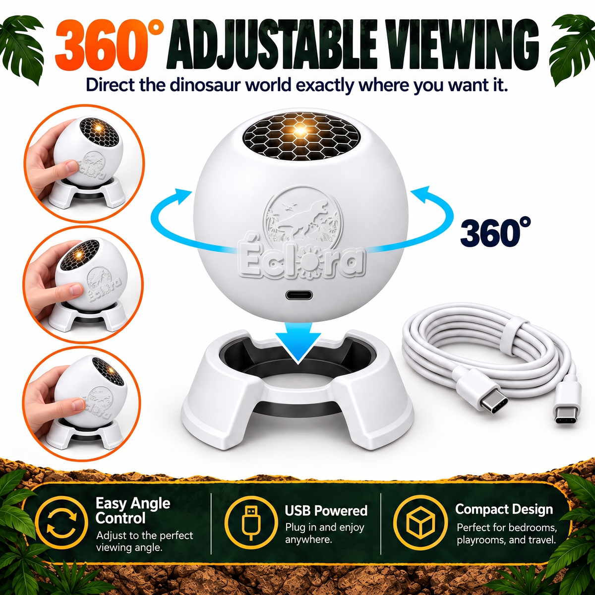 360° adjustable viewing: a hand tilts the white Éclora dinosaur projector sphere to three different angles on its ring stand