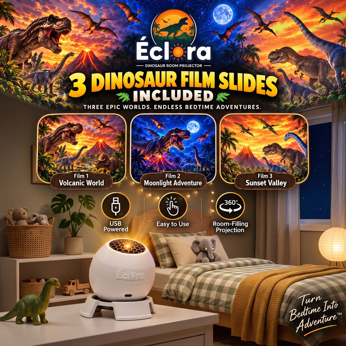 Éclora Dinosaur Room Projector glowing on a nightstand in a cozy child's bedroom at night, with 3 dinosaur film slides included: Film 1 Volcanic World, Film 2 Moonlight Adventure, Film 3 Sunset Valley