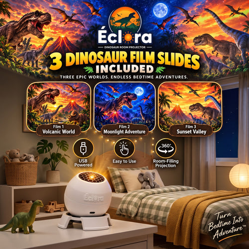 Éclora Dinosaur Room Projector glowing on a nightstand in a cozy child's bedroom at night, with 3 dinosaur film slides included: Film 1 Volcanic World, Film 2 Moonlight Adventure, Film 3 Sunset Valley