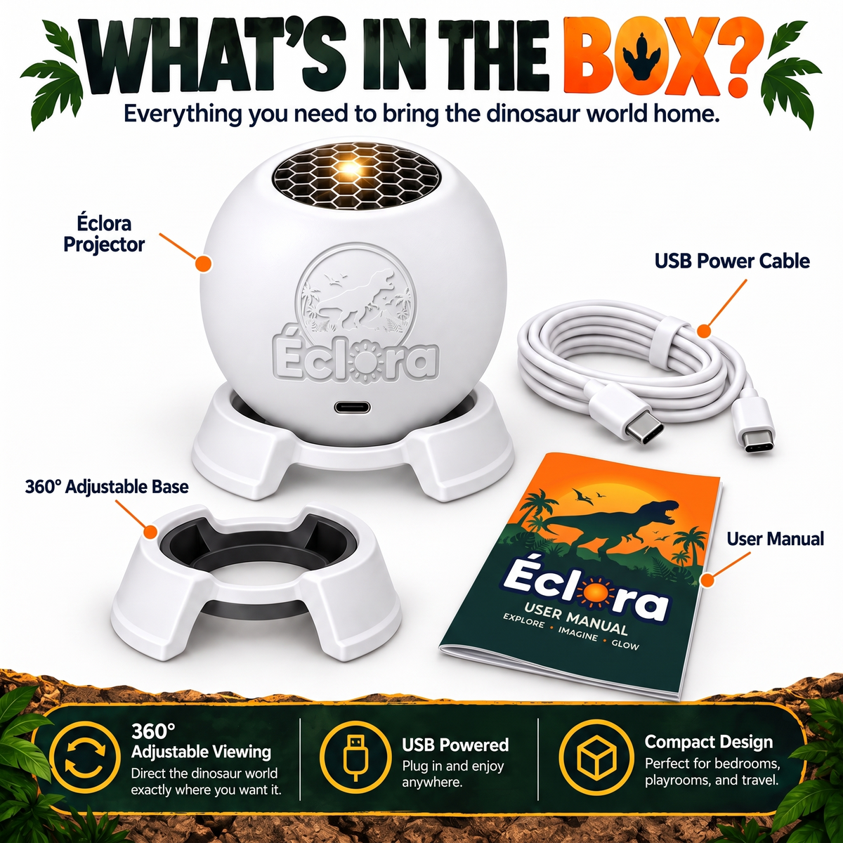 What's in the box: the white Éclora dinosaur projector sphere with honeycomb top grille and embossed logo on its stand, a separate 360° adjustable base, a coiled USB-C power cable and an Éclora user manual