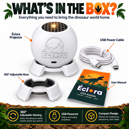 What's in the box: the white Éclora dinosaur projector sphere with honeycomb top grille and embossed logo on its stand, a separate 360° adjustable base, a coiled USB-C power cable and an Éclora user manual