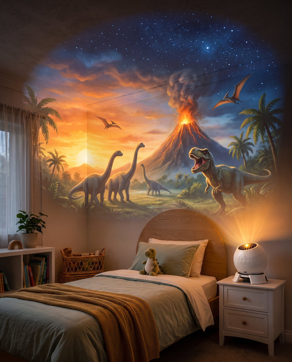 The same bedroom with a dinosaur world projected on the ceiling