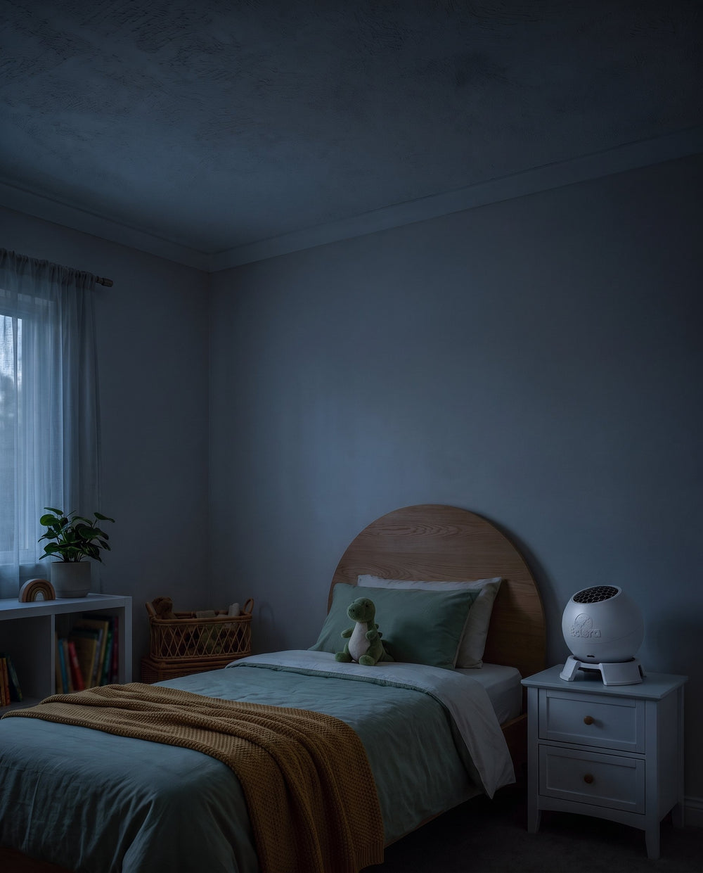 Child's bedroom at night with the lights off
