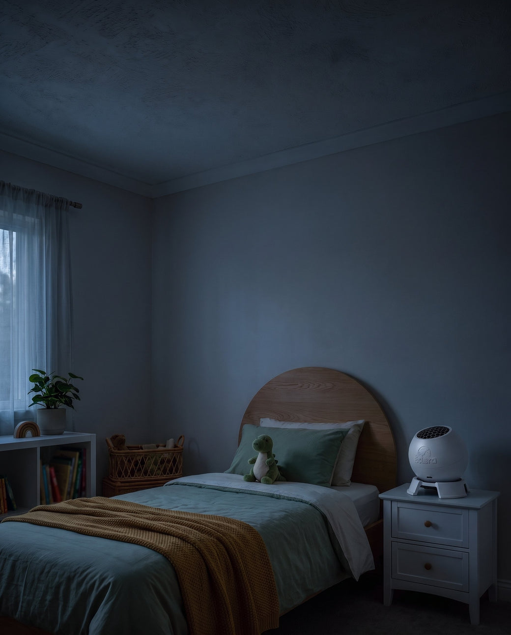Child's bedroom at night with the lights off