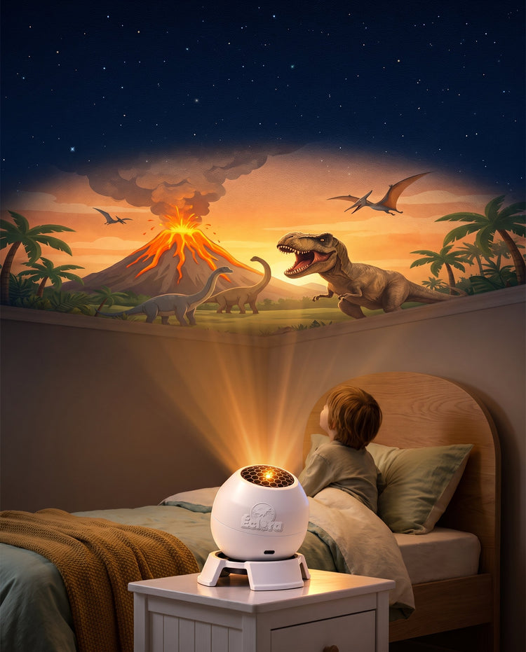Dinosaur world projected on a child's bedroom ceiling by the Éclora Dinosaur Light