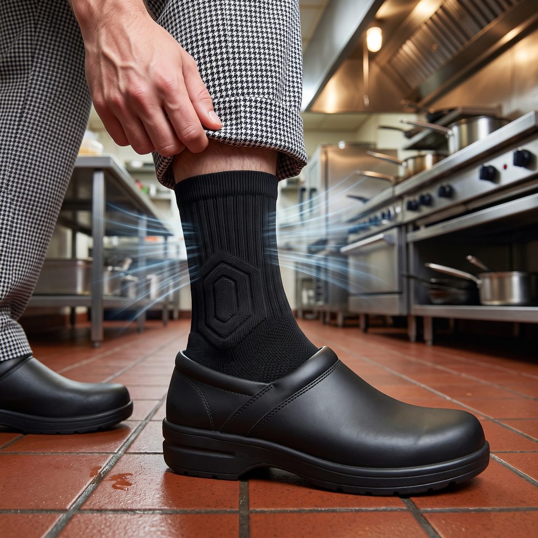 Cook lifting his checkered pant leg to show a black Shift Sock in a black kitchen shoe, fresh air streaks around the ankle.