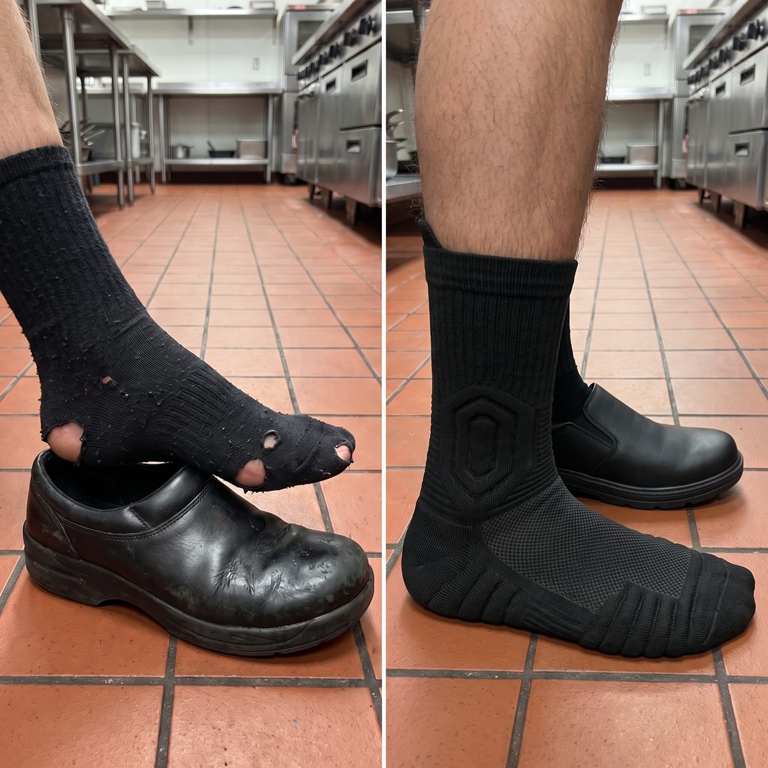 Worn-out black cotton sock full of holes on a scuffed kitchen shoe, next to an intact black Shift Sock on red kitchen tiles.