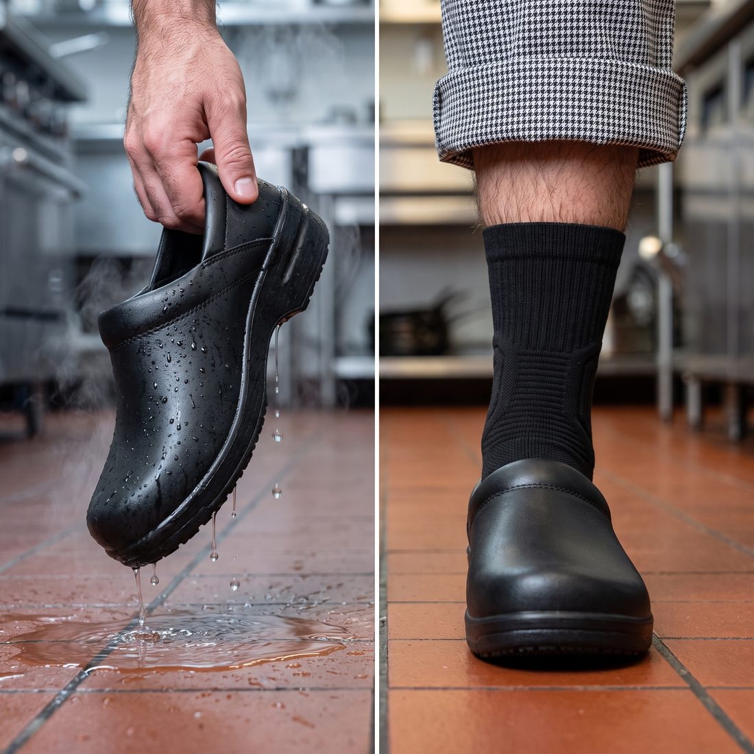 A soaked black kitchen shoe dripping onto the tiles, next to a dry foot in a black Shift Sock and a black kitchen shoe.
