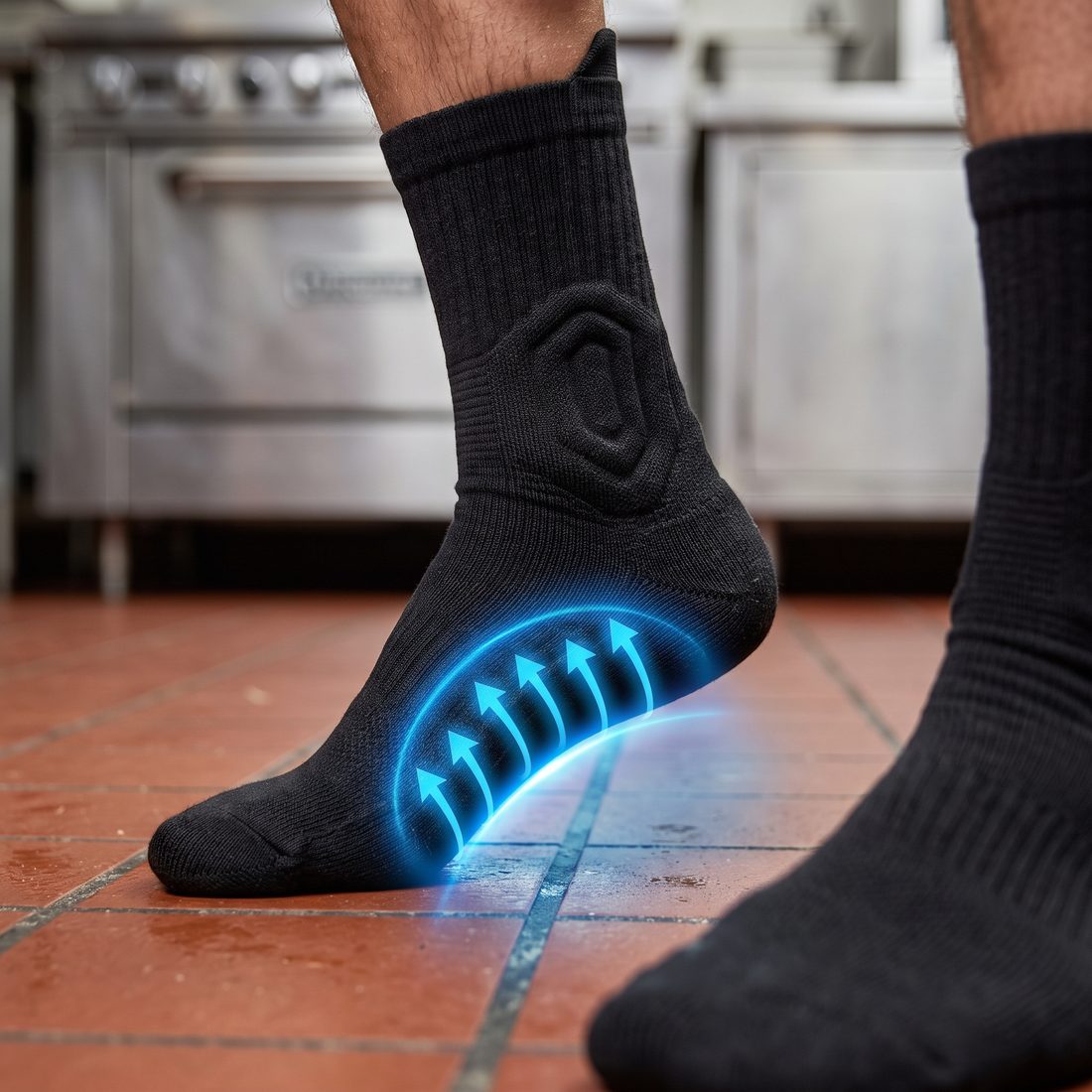 Close-up of a foot in a black Shift Sock with a blue glow and arrows lifting the arch, on red kitchen tiles.