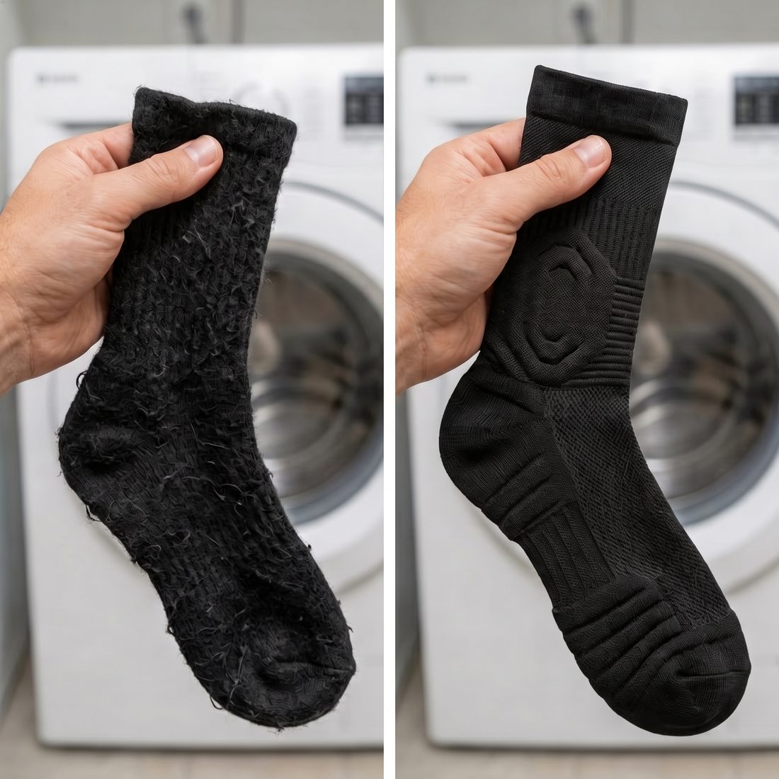 A pilled, shrunken black sock next to a black Shift Sock that kept its shape, in front of a washing machine.