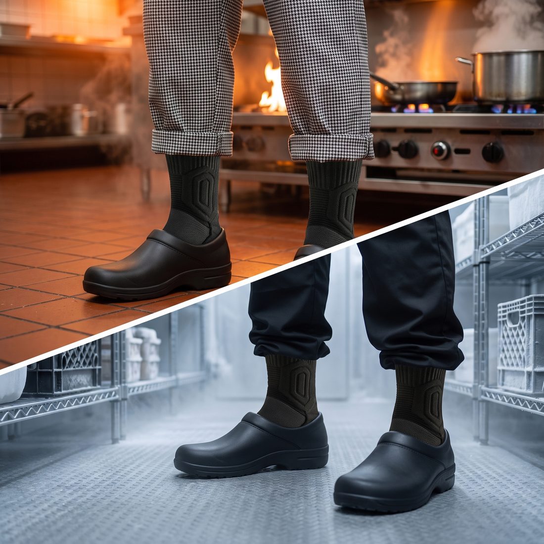 Black Shift Socks and black kitchen shoes by the hot stoves and inside a frosty walk-in cooler.