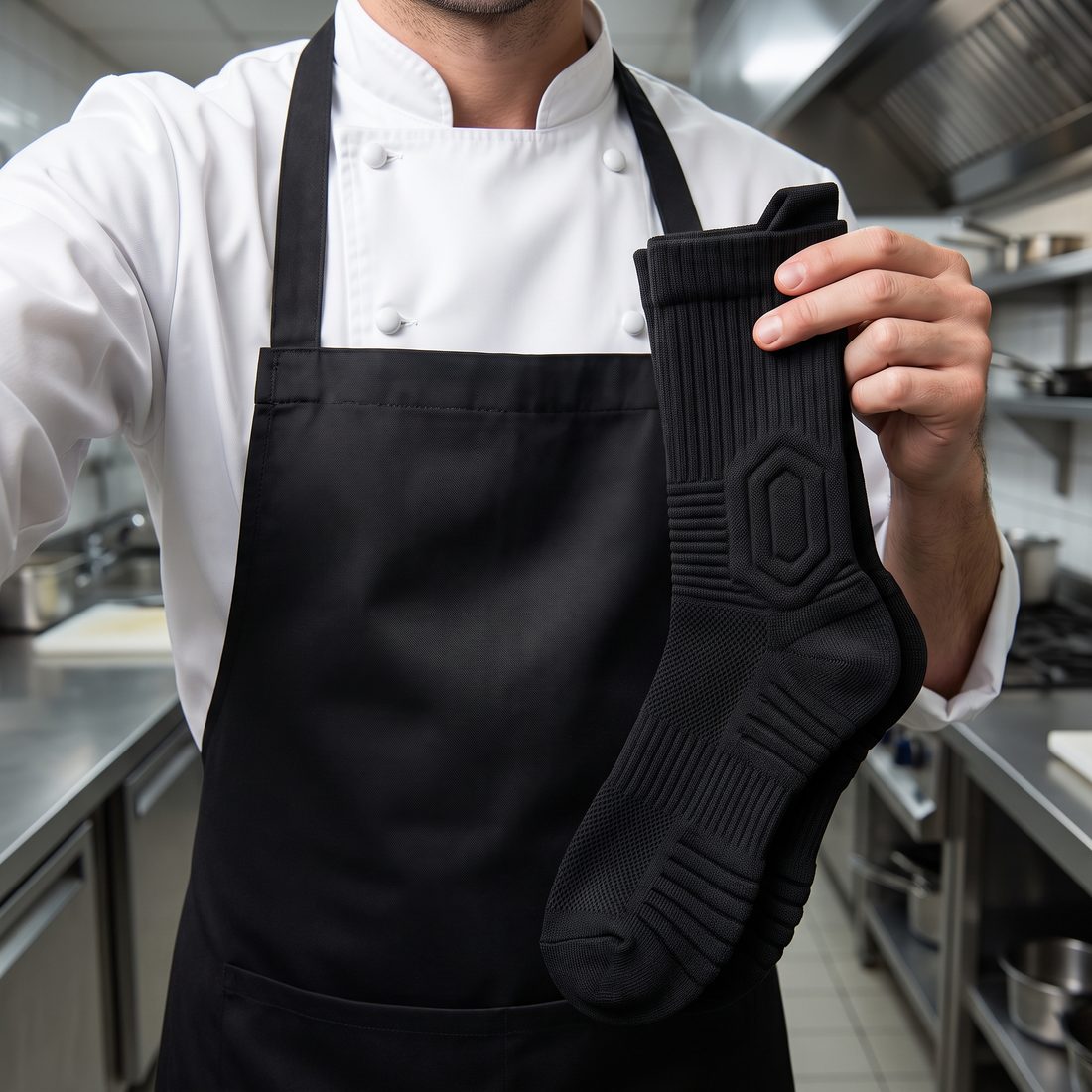 Cook in a white chef jacket and black apron holding up a pair of black Shift Socks in a restaurant kitchen.