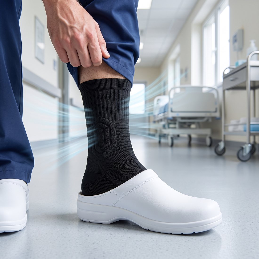Male nurse lifting his navy scrub pant leg to show a black Shift Sock in a white clog, fresh air streaks around the ankle.