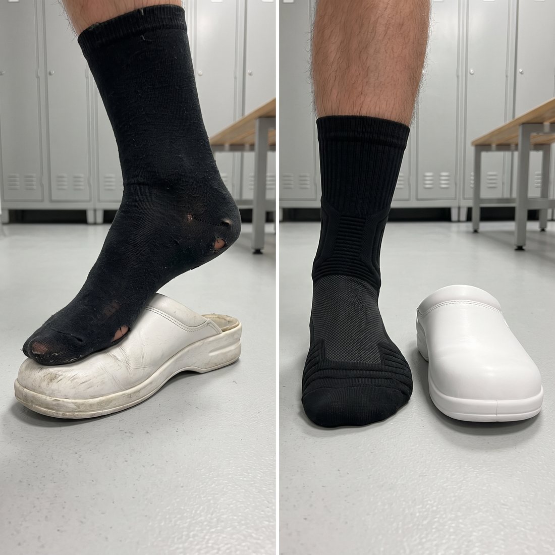 Worn-out black cotton sock full of holes on a scuffed clog, next to an intact black Shift Sock beside a clean white clog.