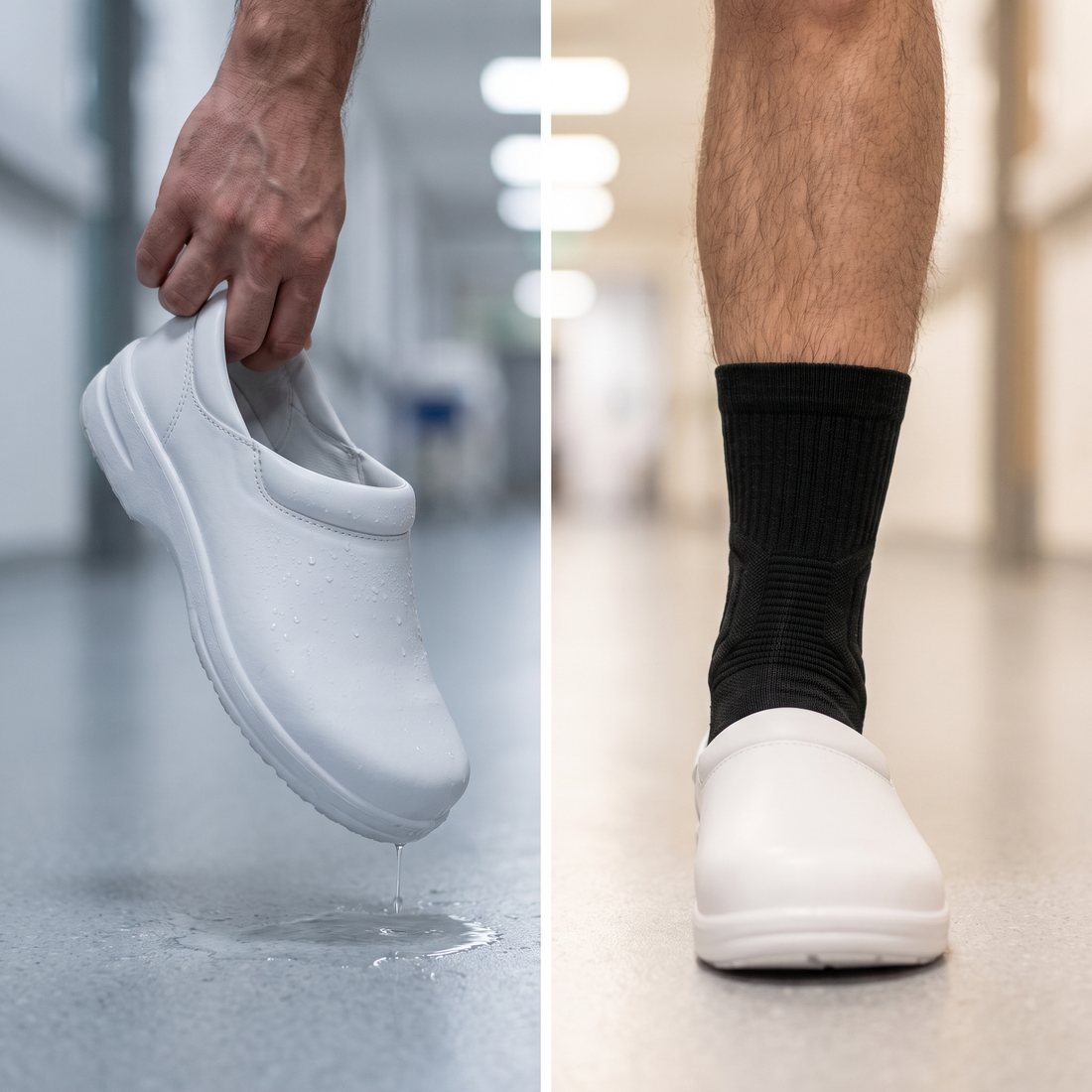 A damp white clog dripping onto the floor, next to a dry foot in a black Shift Sock and a white clog.