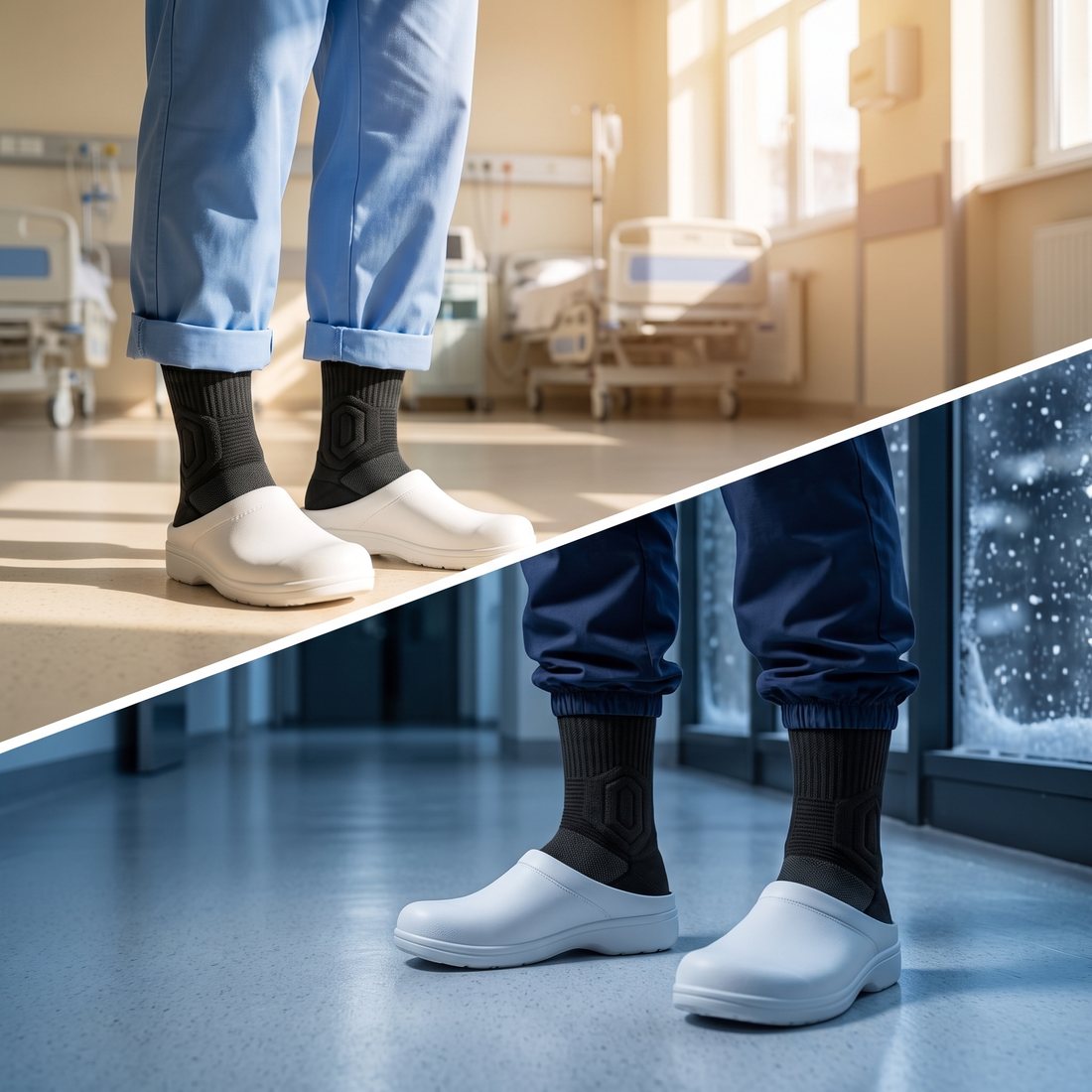 Black Shift Socks and white clogs on a sunny hospital unit in summer and in a cold corridor on a snowy winter night.