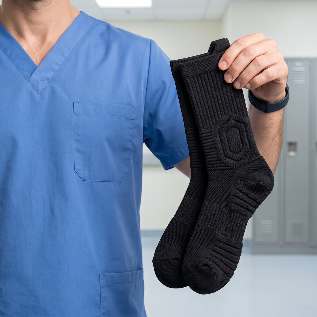 Man in blue scrubs holding up a pair of black Shift Socks in a staff locker room.