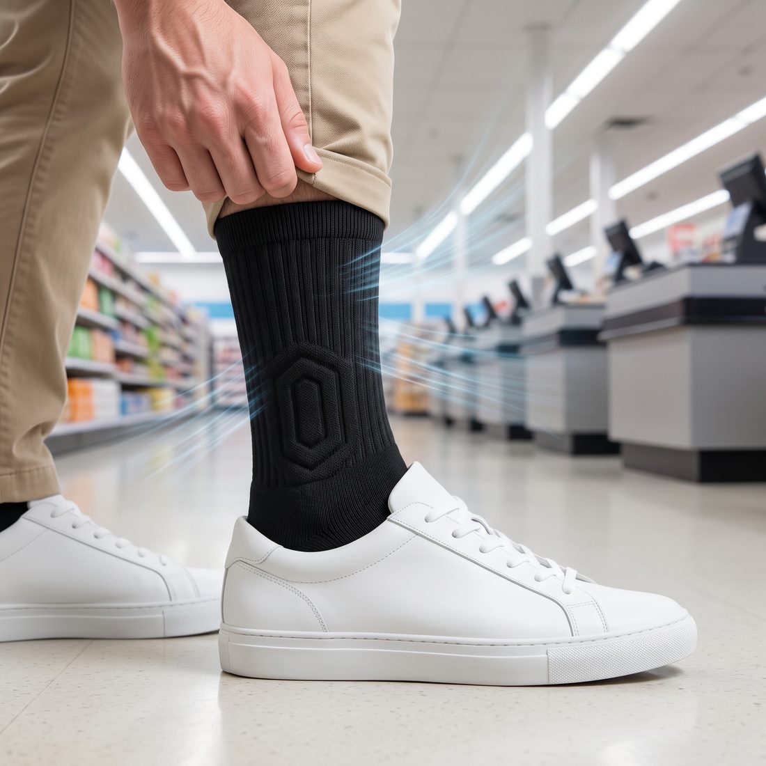 Male retail worker lifting his khaki pant leg to show a black Shift Sock in a white sneaker, fresh air streaks around the ankle, checkout lanes behind.