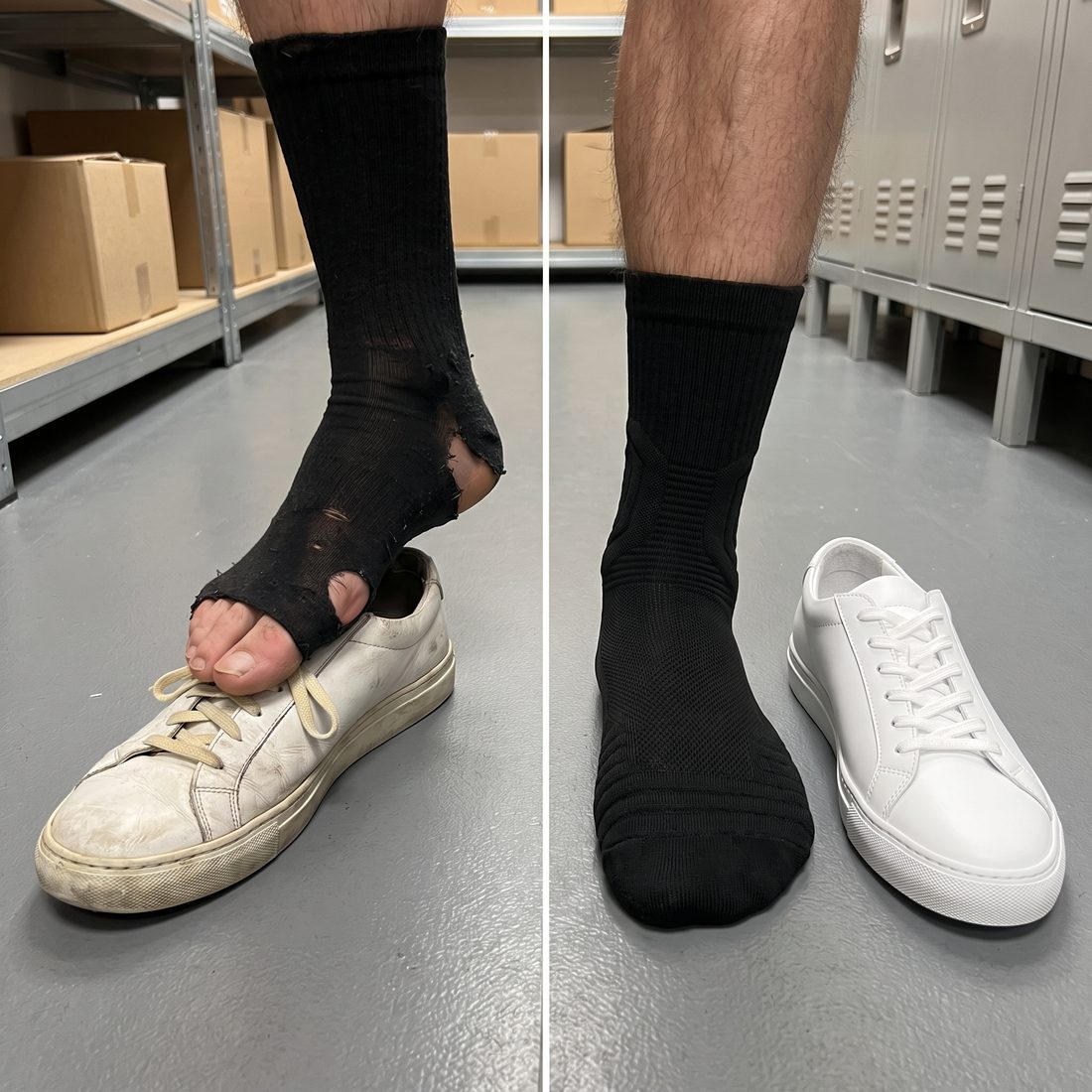 Worn-out black cotton sock full of holes on a scuffed sneaker, next to an intact black Shift Sock beside a clean white sneaker in a stockroom.