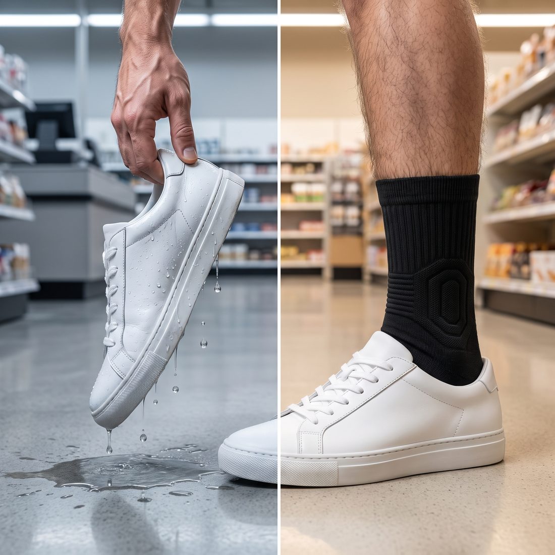 A damp white sneaker dripping onto the store floor, next to a dry foot in a black Shift Sock and a white sneaker.