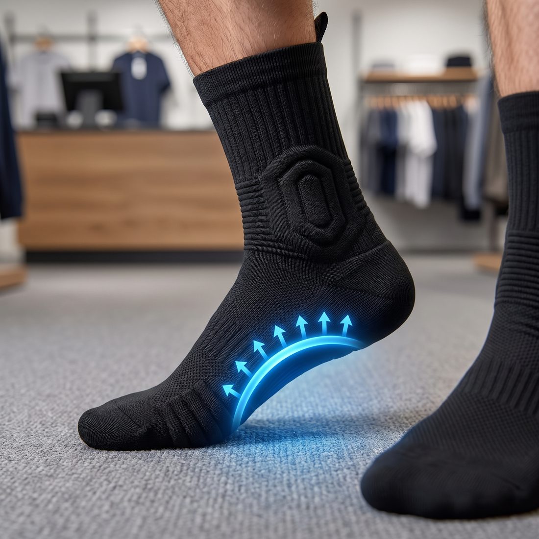Close-up of a foot in a black Shift Sock with a blue glow and arrows lifting the arch, on thin store carpet.