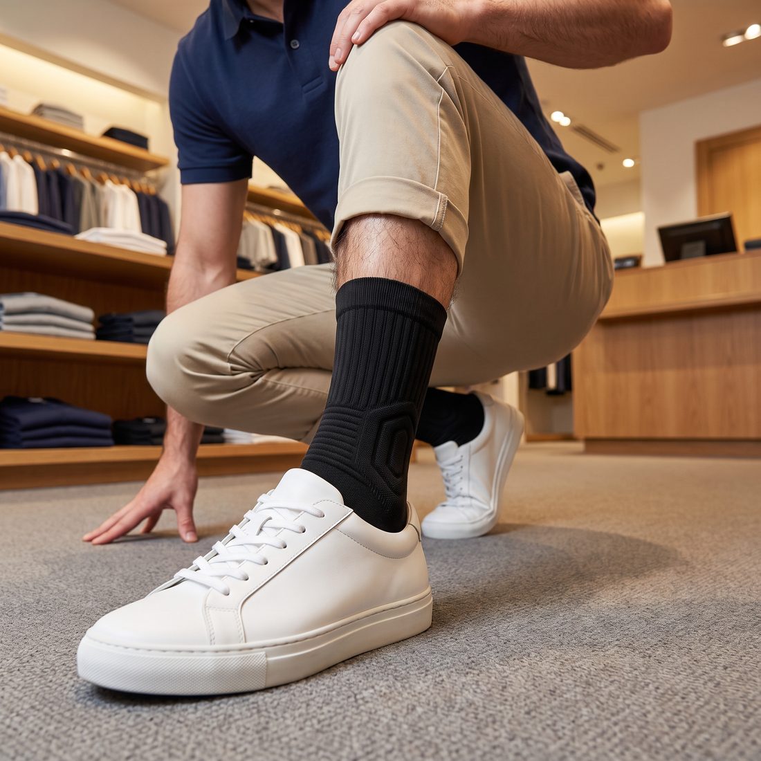 Male sales associate crouching on a store floor, black Shift Sock sitting snug above a white sneaker.