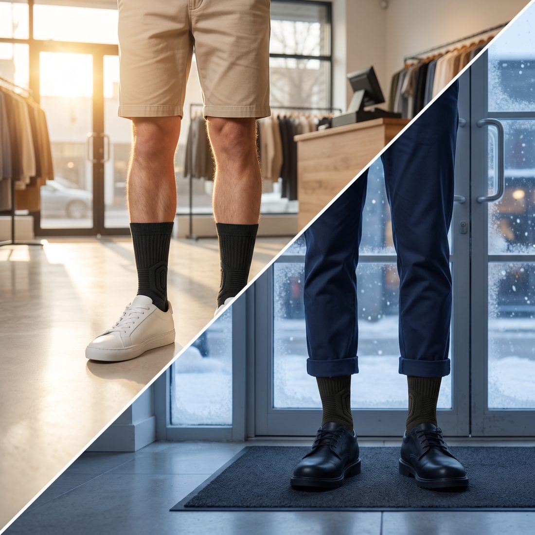 Black Shift Socks with white sneakers in a sunny store in summer, and with black shoes by the store doors on a snowy winter evening.