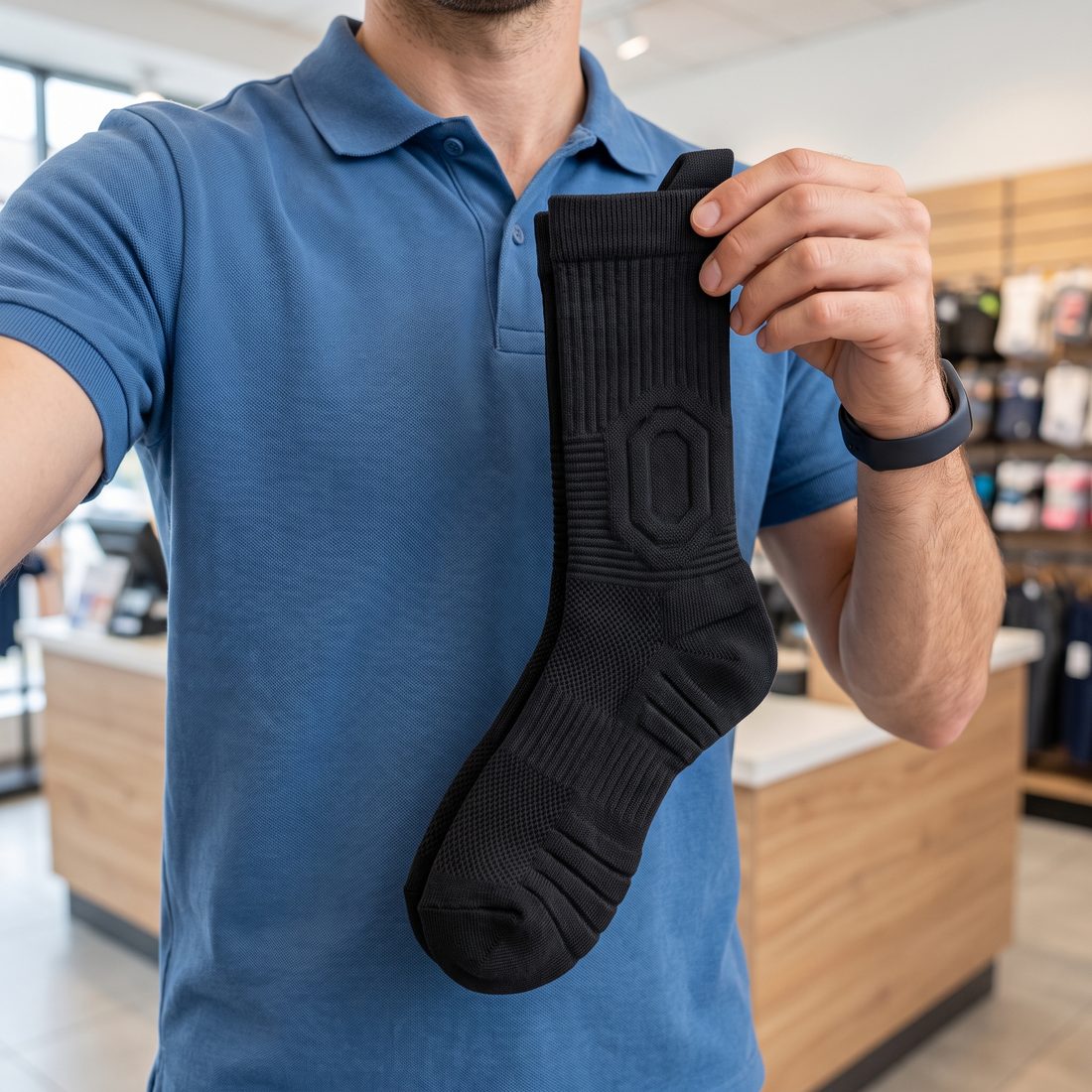 Man in a blue polo holding up a pair of black Shift Socks in a store.