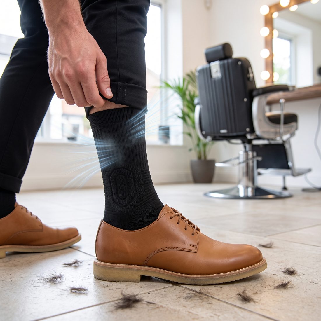 Barber lifting his black trouser leg to show a black Shift Sock in a tan leather shoe, fresh air streaks around the ankle.