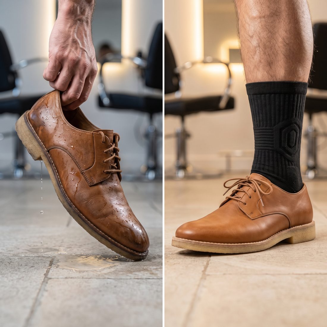 A damp leather shoe dripping onto the salon floor, next to a dry foot in a black Shift Sock and a tan leather shoe.