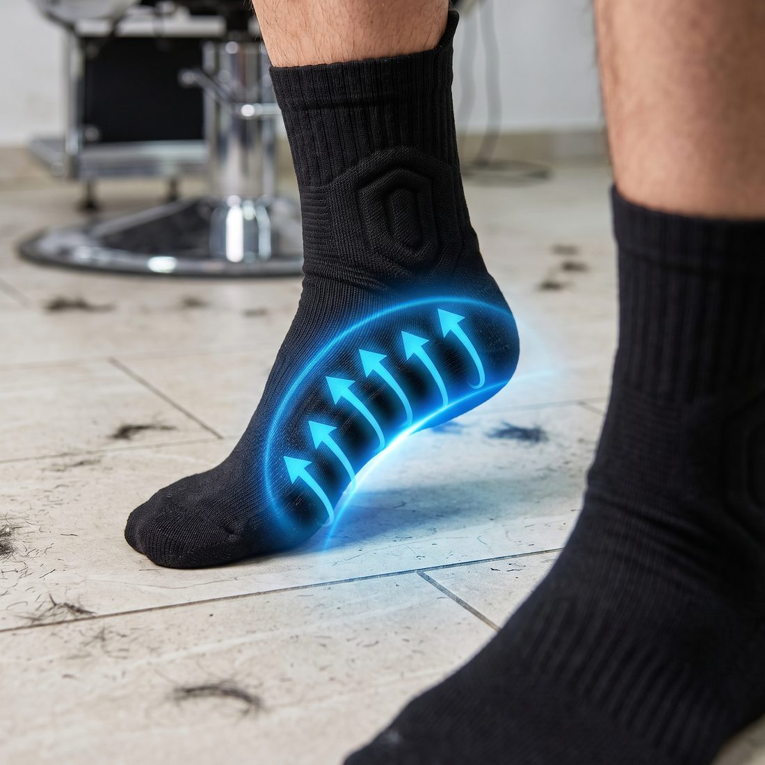 Close-up of a foot in a black Shift Sock with a blue glow and arrows lifting the arch, on a salon floor.