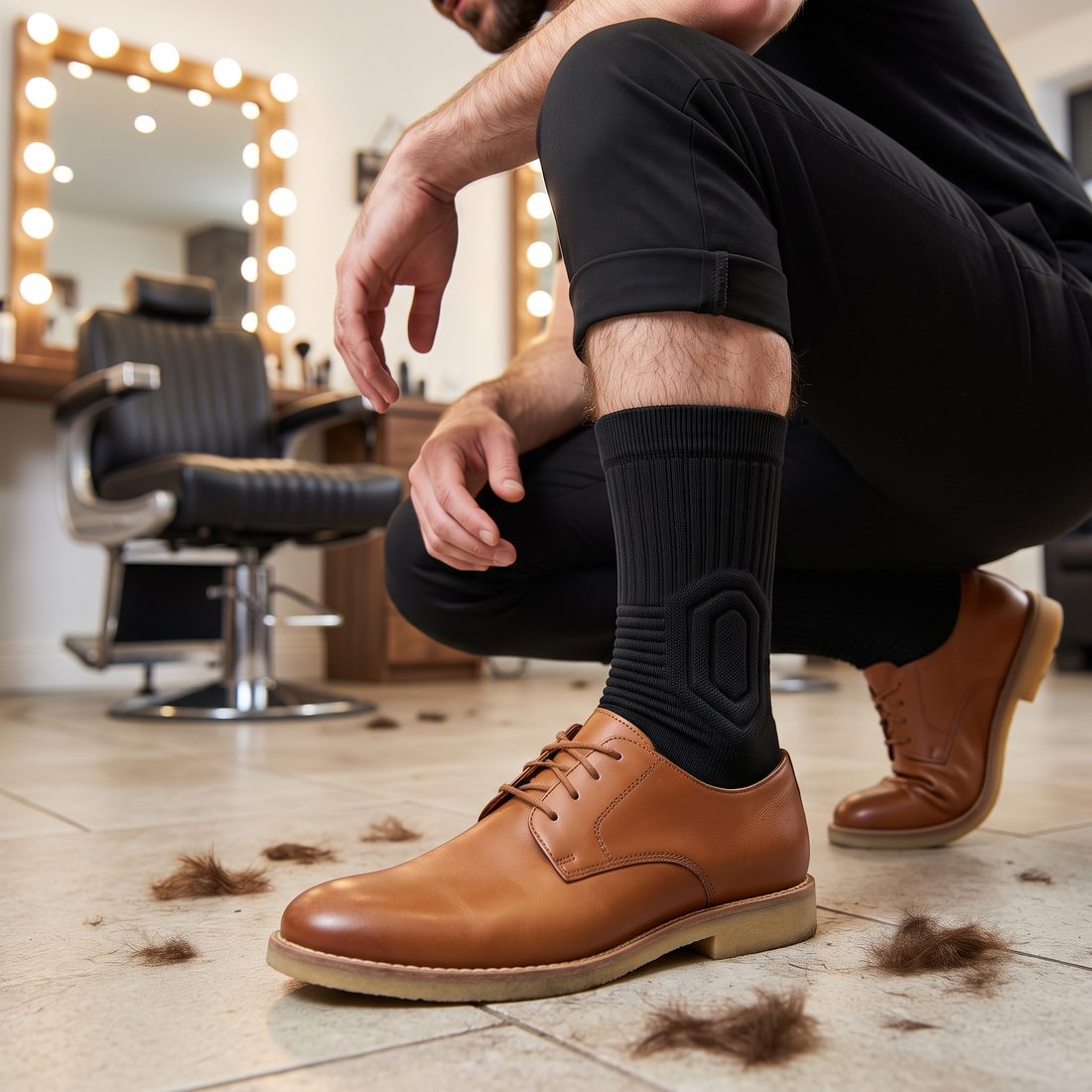 Barber crouching on a salon floor, black Shift Sock sitting snug above a tan leather shoe.