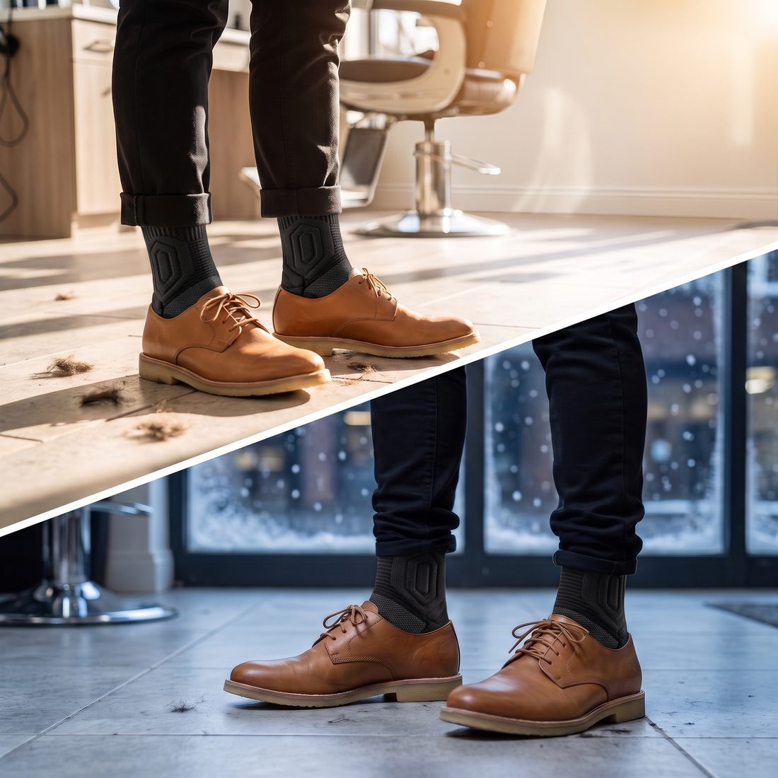 Black Shift Socks and tan leather shoes in a sunny salon in summer and in the same salon on a snowy winter evening.