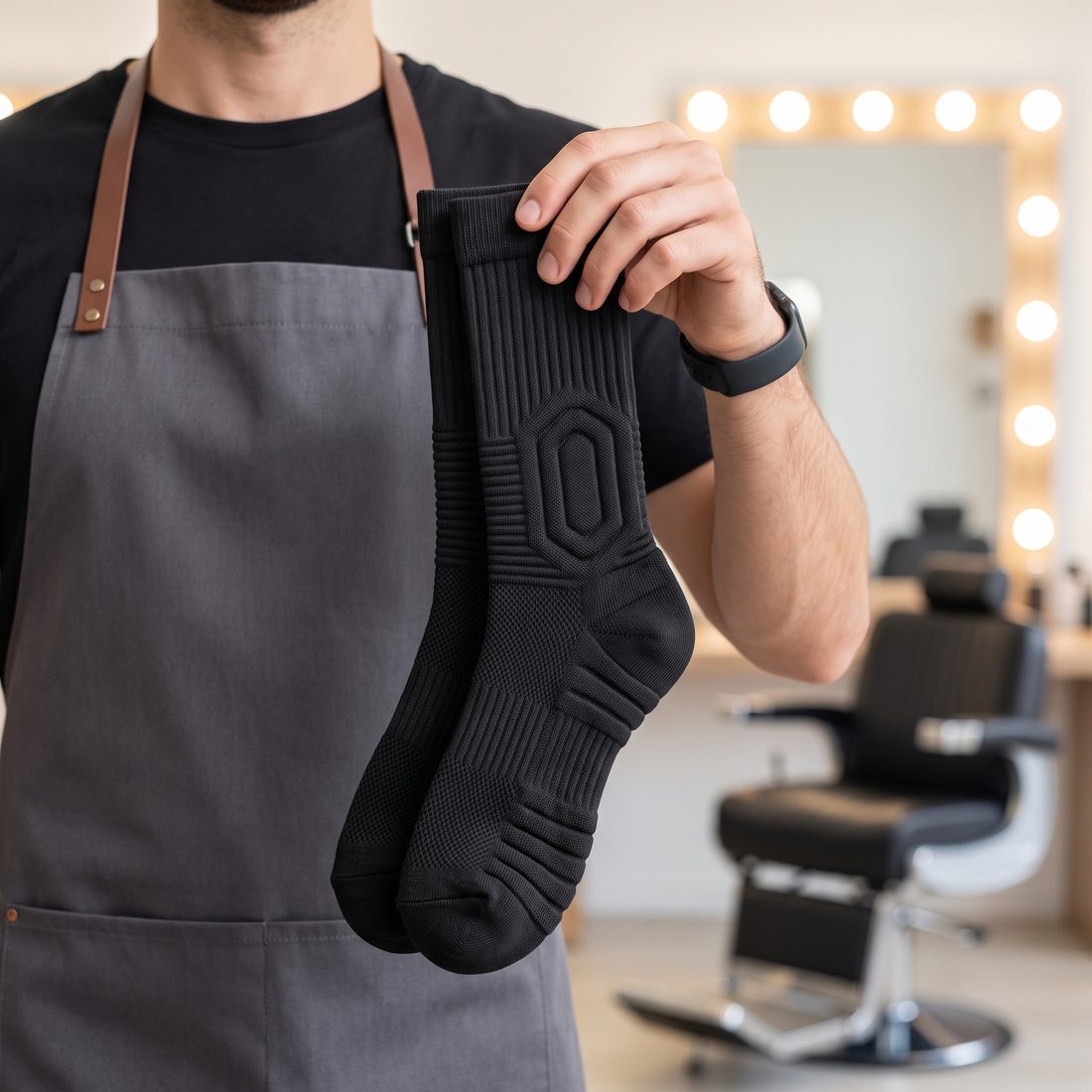Barber in a gray apron holding up a pair of black Shift Socks in a hair salon.