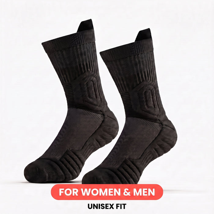 Pair of black Éclora Shift Socks, cushioned bamboo crew socks, unisex fit for women and men.
