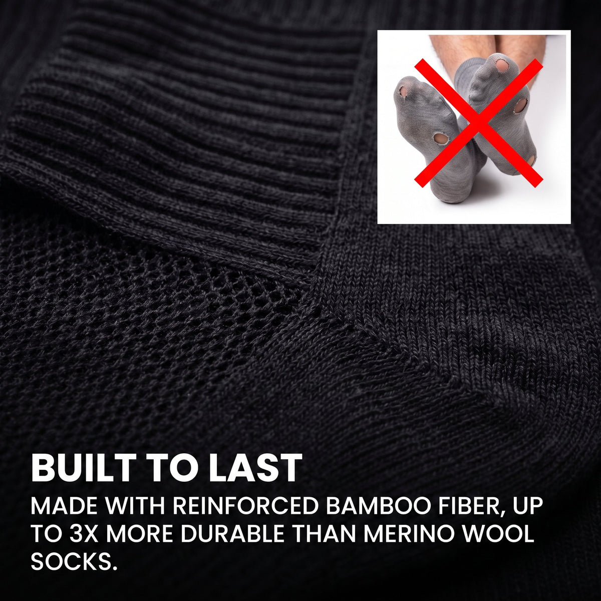 Close-up of the reinforced bamboo knit of Shift Socks next to a crossed-out pair of worn-out wool socks.