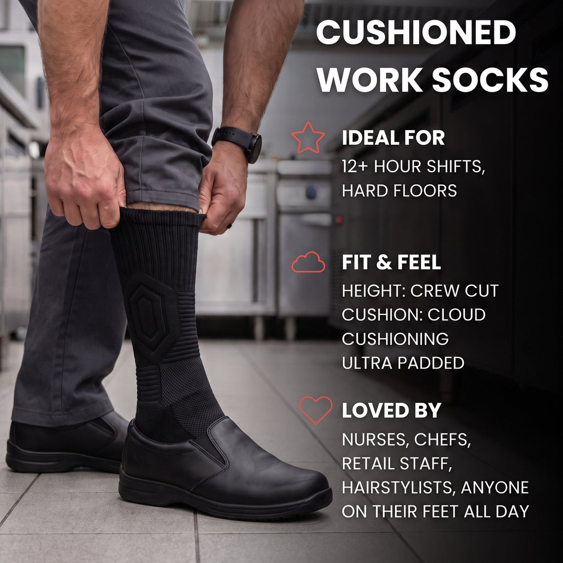 Kitchen worker pulling up a black Shift Sock on a tiled kitchen floor, with fit details and who the socks are made for.