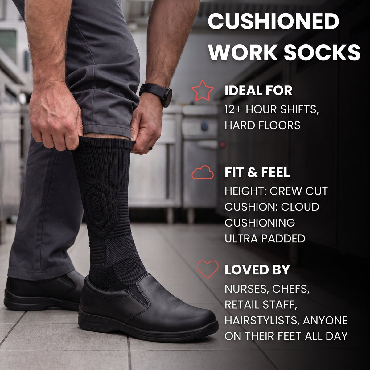 Kitchen worker pulling up a black Shift Sock on a tiled kitchen floor, with fit details and who the socks are made for.