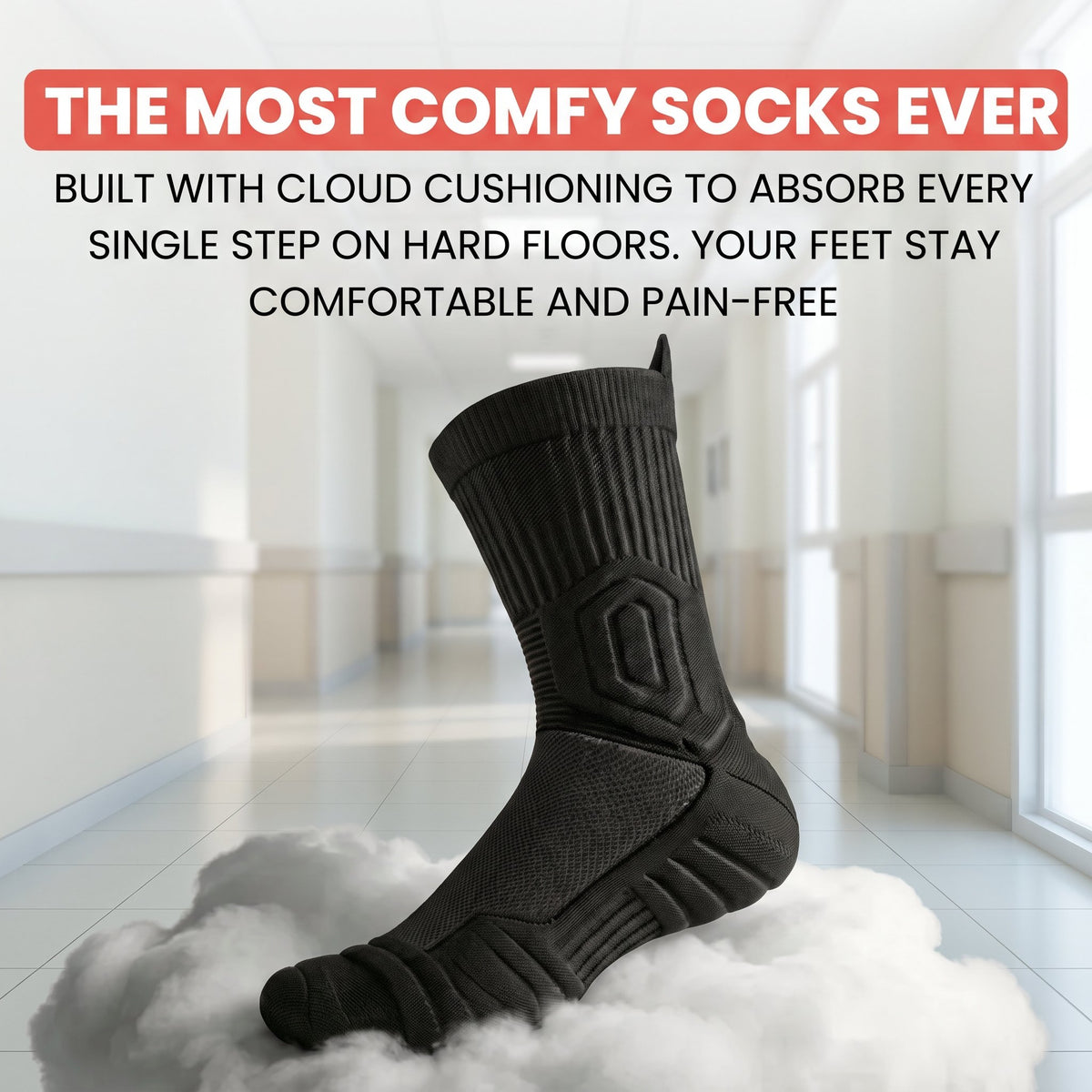 Black Shift Sock resting on a cloud in a bright hospital corridor, cloud cushioning for hard floors.