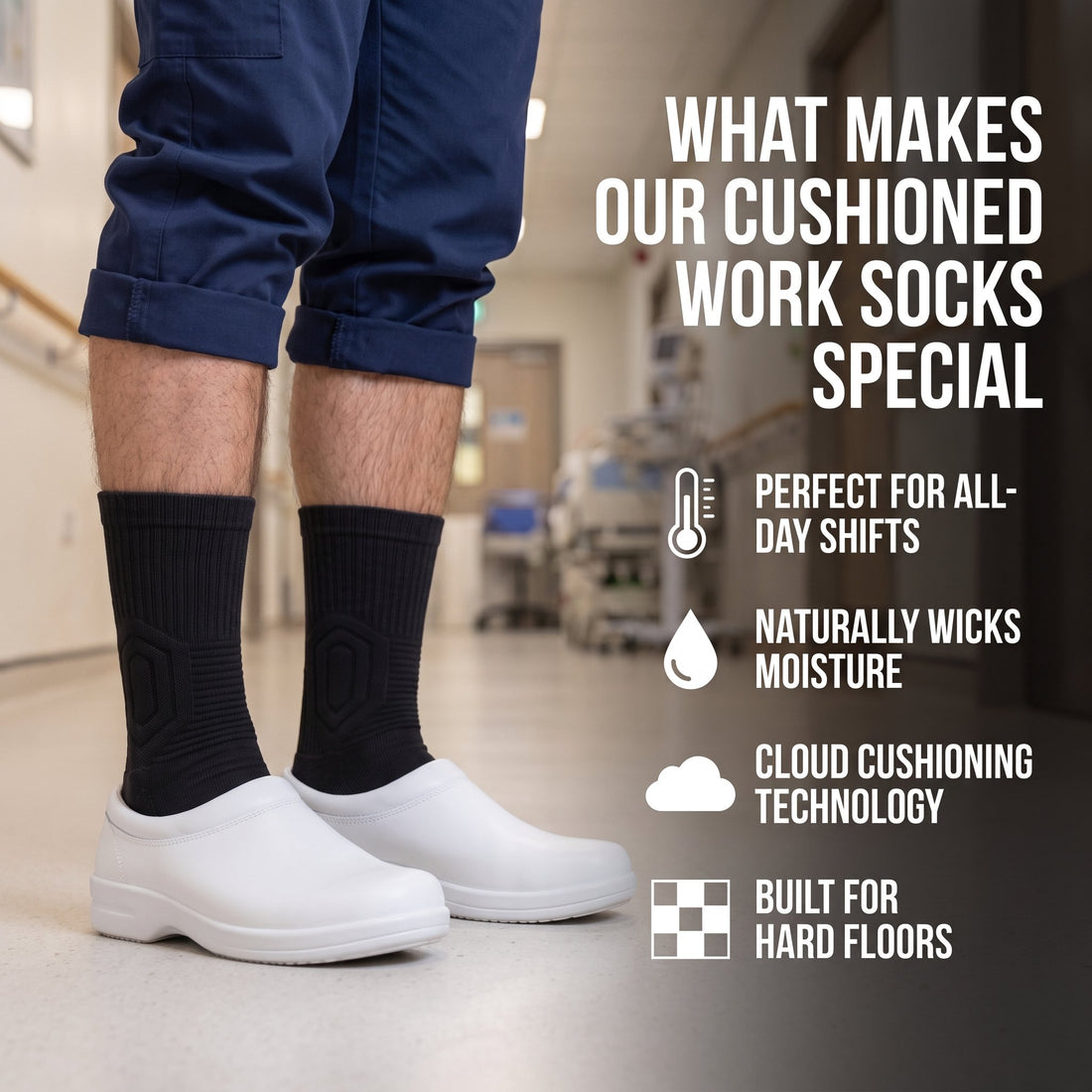 Male nurse's legs in black Shift Socks and white clogs in a hospital corridor, with four key benefits listed.