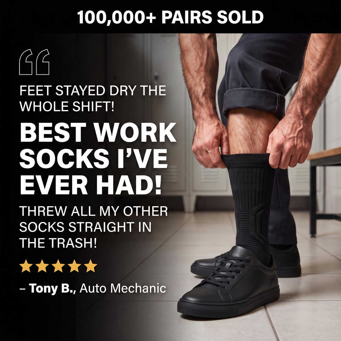 Man pulling up a black Shift Sock in a staff locker room, with a five-star customer review and 100,000+ pairs sold.