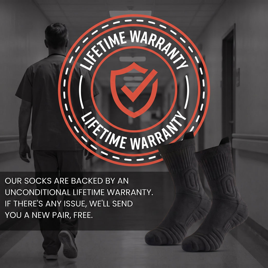 Lifetime warranty seal with a pair of black Shift Socks, a male nurse walking down a hospital corridor in the background.