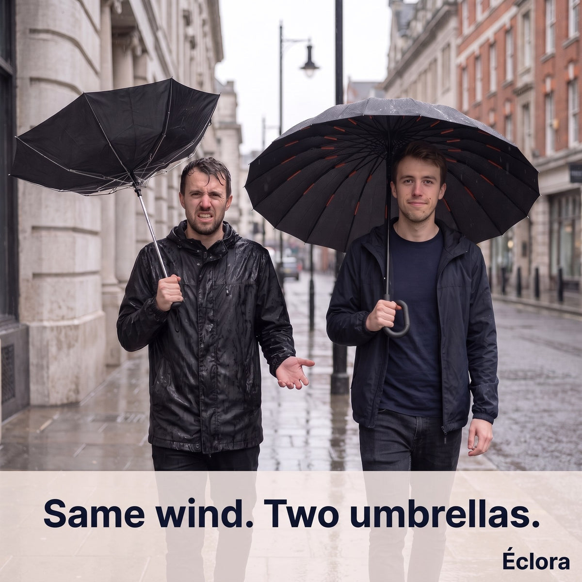 Same wind, two umbrellas: one man with an umbrella blown inside out, another walking beside him under an intact Éclora StormHook
