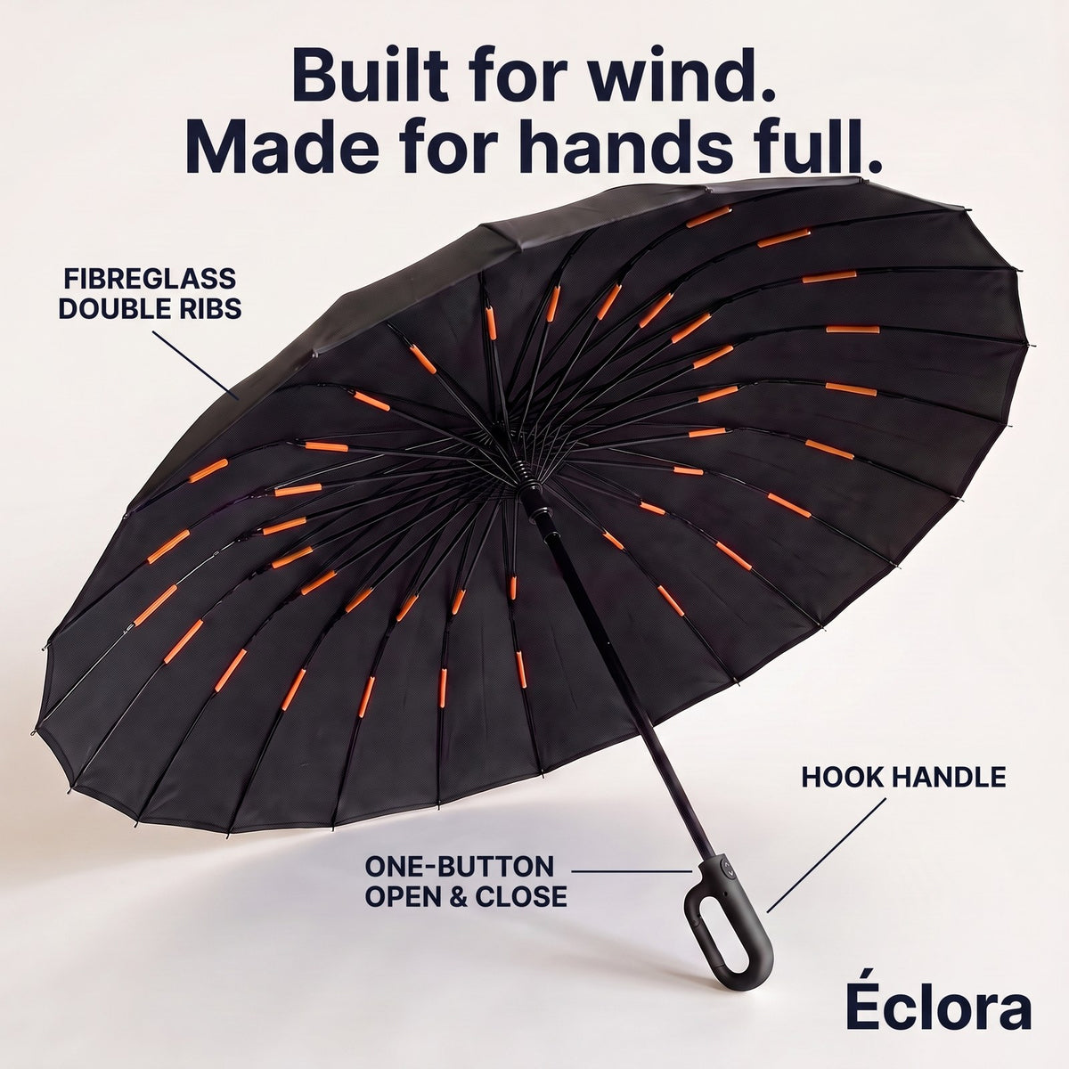 Éclora StormHook seen from below: fibreglass double ribs, one-button open and close, hook handle