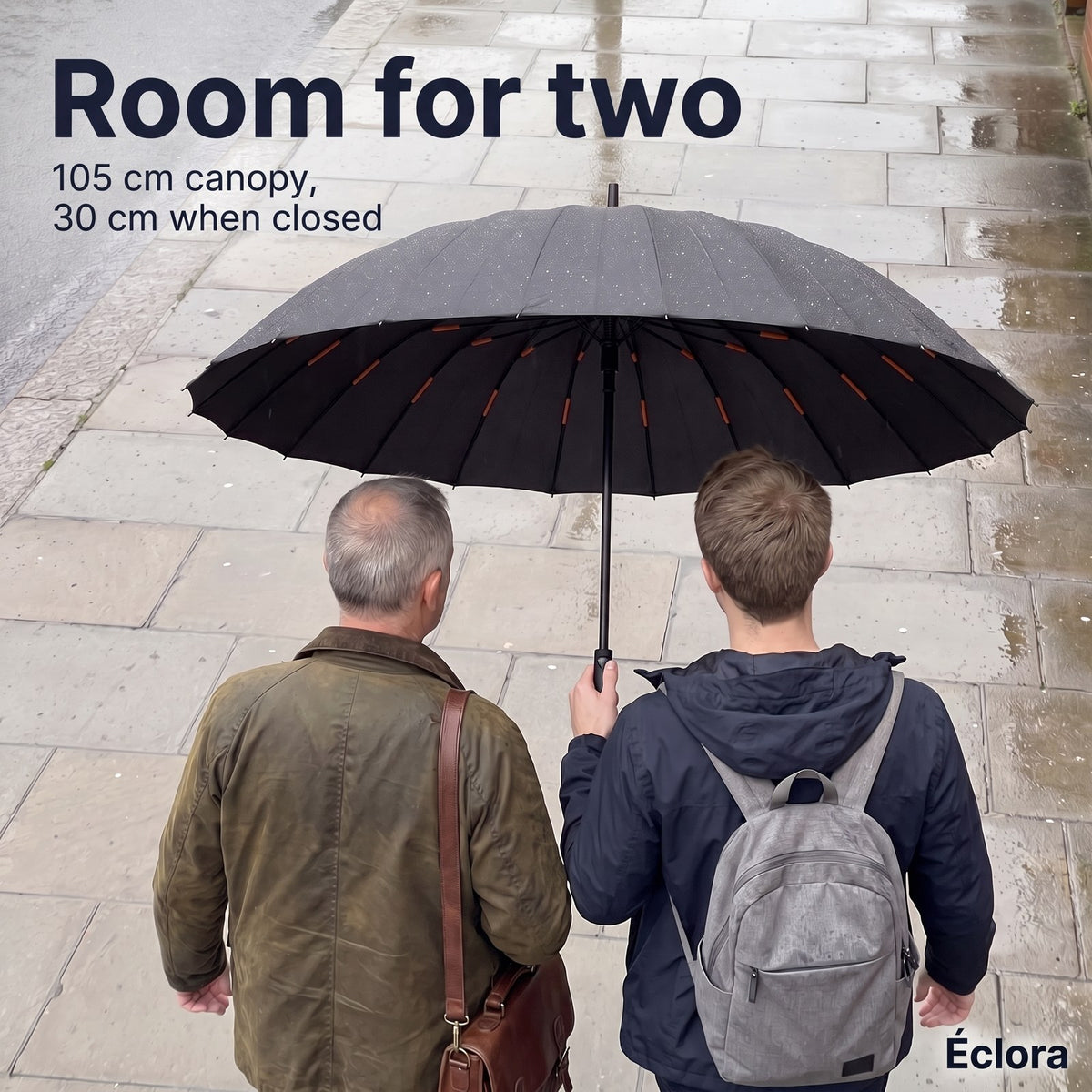 Room for two: two men seen from behind sharing one Éclora StormHook, 105 cm canopy, 30 cm when closed