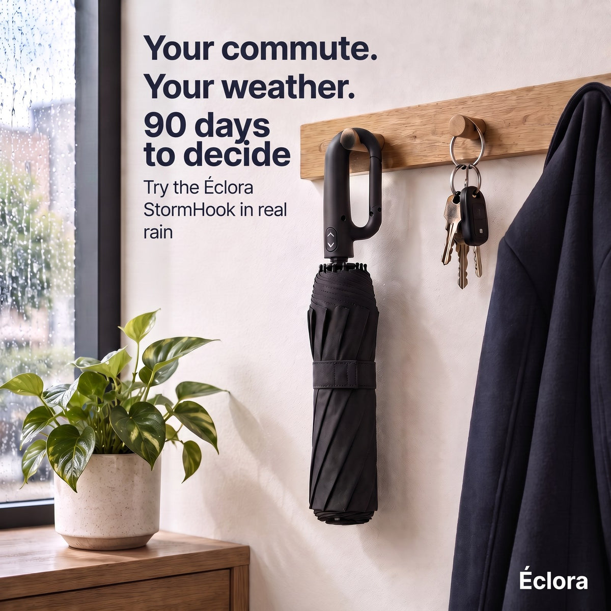 Éclora StormHook hanging in an entryway, 90 days to decide