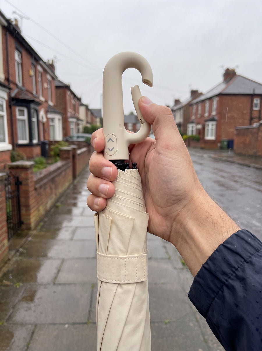 A man's hand opening the carabiner clip on the handle of a folded beige umbrella, on a wet terraced street