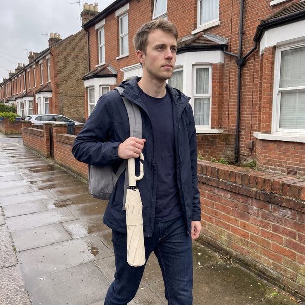 A man walking down a wet street with a folded beige umbrella clipped to his backpack strap