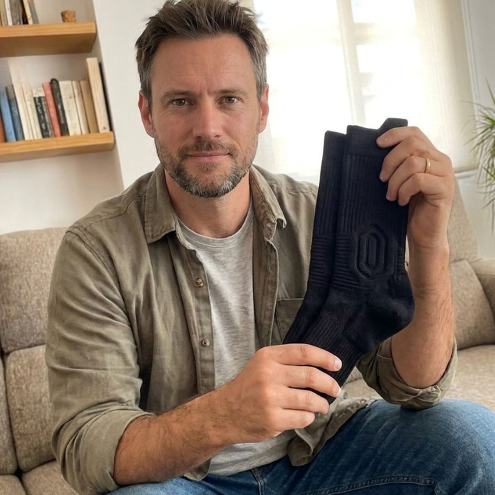 Customer photo: holding a black sock at home