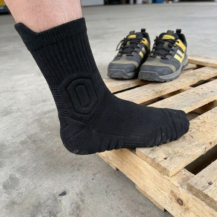 Customer photo: black sock worn, shoes behind